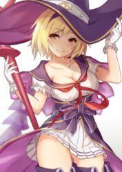  ass_visible_through_thighs blonde_hair boots bow breasts brown_eyes cleavage collarbone commentary_request cowboy_shot djeeta_(granblue_fantasy) female frilled_gloves frilled_sleeves frills gloves granblue_fantasy hairband hand_on_headwear hat large_breasts looking_at_viewer neckerchief pleated_skirt purple_bow purple_hairband purple_hat purple_ribbon red_ribbon ribbon sash shishikai short_hair short_sleeves skirt smile solo staff thigh_boots thighhighs warlock_(granblue_fantasy) white_gloves white_skirt witch_hat yellow_eyes 