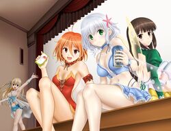  4girls amagi_brilliant_park antenna_hair bare_shoulders blonde_hair blue_hair blush breasts brown_eyes brown_hair cleavage commentary_request green_eyes hair_ornament koborii_(amaburi) large_breasts long_hair looking_at_viewer medium_breasts multiple_girls muse_(amaburi) mushoku_no_hourousha navel open_mouth orange_hair pocari_sweat red_eyes salama_(amaburi) short_hair sitting smile sylphy_(amaburi) 