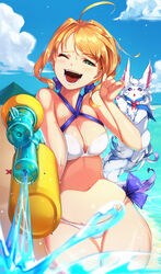  ahoge artoria_pendragon_(all) artoria_pendragon_(swimsuit_archer) bikini blonde_hair breasts fate/grand_order fate_(series) female fou_(fate/grand_order) green_eyes medium_breasts one_eye_closed open_mouth smile swimsuit water water_gun 