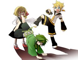  2boys aqua_eyes blonde_hair commentary_request crossover detached_sleeves fang_out female green_hair hair_ribbon headband kagamine_len kumamoto_midori kyuushuu_sentai_danjiger multiple_boys necktie ocha_(kinnkonnsousai) oerba_yun_fang ribbon rumia shadow sharp_teeth shirt shorts skirt teeth touhou vest vocaloid yellow_necktie 