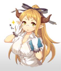  :o adjusting_eyewear blonde_hair blue_ribbon blush book breasts cleavage collared_shirt commentary_request draph dress_shirt female glasses gloves gradient_background granblue_fantasy green_eyes grey_ribbon hair_ribbon holding holding_book horns large_breasts long_hair looking_at_viewer medium_breasts open_mouth pointy_ears ponytail ribbon rimless_eyewear salute sarya_(granblue_fantasy) shirt shishikai short_sleeves solo sparkle tareme translated upper_body v-shaped_eyebrows white_gloves white_shirt wing_collar 