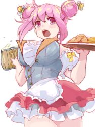  alcohol beer beer_mug berino_bottsu breasts commentary_request cup double_bun female food hair_bun hip_focus holding holding_cup iwaya large_breasts mug open_mouth original pink_eyes pink_hair solo tray waitress wrist_cuffs 