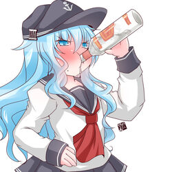  :t @_@ alcohol artist_name artistic_error bad_id bad_link bad_nicoseiga_id blue_eyes blush bottle chugging commentary derivative_work drinking female grey_hair hat hibiki_(kancolle) holding holding_bottle kanijiru kantai_collection katyusha_chug_(meme) long_hair meme miniskirt neckerchief pleated_skirt school_uniform serafuku signature skirt smirnoff_(vodka) solo standing sweatdrop vodka white_background 