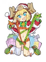  animal_hood bandaid bandaid_on_knee bandaid_on_leg bell bikini blush boots bow bowtie capelet christmas commentary fanta_(the_banana_pistols) female full_body fur-trimmed_boots fur_trim gift girls_und_panzer green_bow green_bowtie green_footwear hat head_tilt highres holding holding_plate hood jingle_bell katyusha_(girls_und_panzer) kneeling long_sleeves looking_at_viewer naked_ribbon navel oerba_yun_fang open_mouth plate print_thighhighs red_capelet red_hat reindeer_hood ribbon santa_bikini santa_costume santa_hat short_hair single_thighhigh skindentation smile snowman_print solo swimsuit thighhighs traditional_media white_thighhighs 