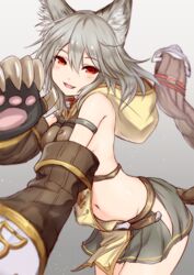  :d animal_ears animal_hands armlet bare_shoulders belt blurry blush breasts cat_ears claws cleavage collar colored_eyelashes commentary_request cowboy_shot depth_of_field elbow_gloves erune female foreshortening gloves granblue_fantasy grey_background grey_hair grey_skirt hair_between_eyes hip_vent hood hood_down looking_at_viewer medium_breasts navel oerba_yun_fang open_mouth paw_gloves paw_pose red_eyes revealing_clothes sen_(granblue_fantasy) shiny_skin shishikai sideboob simple_background skirt sleeveless smile solo standing stomach tabard 