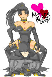  1boy bare_shoulders batman batman_(series) black_hair boots bound bound_wrists breasts bridal_gauntlets bruce_wayne dc_comics elbow_gloves female gloves high_heel_boots high_heels justice_league leotard mask ponytail smile straddling strapless superwoman thigh_boots thighhighs 