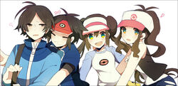  ! 2boys 2girls arm_grab bad_id bad_pixiv_id bag baseball_cap blue_eyes bow brown_eyes brown_hair closed_eyes denim denim_shorts double_bun grin hair_bun hat hilbert_(pokemon) hilda_(pokemon) hug long_hair meiji_(meeeeji) multiple_boys multiple_girls nate_(pokemon) open_mouth pokemon pokemon_bw pokemon_bw2 ponytail rosa_(pokemon) short_hair shorts shoulder_bag smile twintails vest visor_cap white_background 