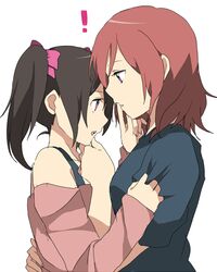  ! 2girls black_hair bow chatubo commentary_request finger_to_mouth grabbing_another&#039;s_chin hairbow hand_on_another&#039;s_chin hug long_hair love_live! love_live!_school_idol_project multiple_girls nishikino_maki off_shoulder open_mouth purple_eyes red_eyes red_hair shirt shirt_grab short_hair t-shirt twintails yazawa_nico yuri 