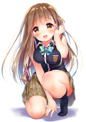  :d adjusting_hair bare_shoulders between_legs black_shirt black_socks blue_pupils blunt_bangs blush bow bowtie breast_pocket breasts brown_eyes brown_hair buttons commentary_request emblem female finger_to_mouth flower fujinomiya_neko full_body hair_flower hair_ornament hand_between_legs kneehighs lace long_hair looking_at_viewer masamune-kun_no_revenge medium_breasts minami_(apricot_tea) miniskirt mole mole_on_arm mole_under_eye no_panties no_shoes on_one_knee open_mouth plaid plaid_skirt pleated_skirt pocket round_teeth school_uniform shiny_skin shirt skirt sleeveless sleeveless_shirt smile socks solo straight_hair striped_bow striped_bowtie striped_clothes tareme teeth very_long_hair 