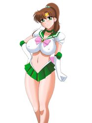  bishoujo_senshi_sailor_moon blush breasts brown_hair erect_nipples female glamour_works green_eyes human large_breasts makoto_kino ponytail sailor_jupiter school_uniform simple_background solo tied_hair 