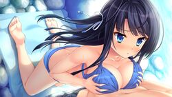  1boy barefoot bikini black_hair blue_bikini blue_eyes blush breasts cleavage dutch_angle female game_cg grabbing grabbing_another&#039;s_breast hair_ribbon implied_paizuri large_breasts long_hair manazuru_misaki mat natsu_no_iro_no_nostalgia navel one_side_up open_mouth ribbon rock sexually_suggestive straight swimsuit yamakaze_ran 