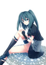  absurdres commentary_request female hatsune_miku highres kneehighs long_hair mary_janes masumofu shoes simple_background sitting smile socks solo striped_clothes striped_socks vertical-striped_clothes vertical-striped_socks vocaloid white_background 