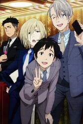  4boys alcohol black_hair blonde_hair blue_eyes brown_eyes cellphone cup drinking_glass formal green_eyes grey_eyes grey_hair hand_on_own_hip highres katsuki_yuuri kawamoto_mariko leaning_forward male_focus multiple_boys necktie official_art one_eye_closed open_mouth otabek_altin phone smartphone smile suit v viktor_nikiforov wine wine_glass yuri!!!_on_ice yuri_plisetsky 