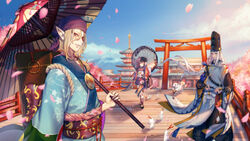  2boys abe_no_seimei_(onmyoji) bandana black_hair blonde_hair blue_eyes cherry_blossoms commentary_request crossover facepaint female fish_hair_ornament fox hair_ornament hat highres holding japanese_clothes kagura_(onmyoji) kariginu kimono kohaku_(onmyoji) kokutan_kitsunen kusuriuri_(mononoke) long_hair makeup medallion mononoke multiple_boys obi oil-paper_umbrella onmyoji onmyouji outdoors petals photoshop_(medium) pointy_ears red_eyes sash sun_symbol tate_eboshi umbrella white_hair wide_sleeves 