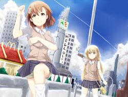  2girls alternate_breast_size bag blonde_hair breast_hold breast_size_switch breasts brown_eyes brown_hair building chains city clenched_teeth cloud commentary controller dutch_angle elbow_gloves english_commentary english_text fleeing gloves grin handbag hews highres impossible_clothes large_breasts long_hair mcdonald&#039;s misaka_mikoto multiple_girls pleated_skirt remote_control school_uniform shokuhou_misaki short_hair short_sleeves shorts shorts_under_skirt skirt sky skyline skyscraper smile socks sparkling_eyes spring_onion star_(sky) starry_sky summer_uniform sweater_vest symbol-shaped_pupils teeth thighhighs toaru_kagaku_no_railgun toaru_majutsu_no_index tokiwadai_school_uniform white_gloves white_socks white_thighhighs yellow_eyes zettai_ryouiki 