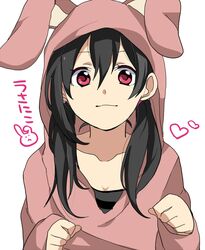  animal_hood black_hair chatubo commentary_request female hood hoodie long_hair looking_at_viewer love_live! love_live!_school_idol_project low_twintails paw_pose rabbit_hood red_eyes smile solo twintails yazawa_nico 