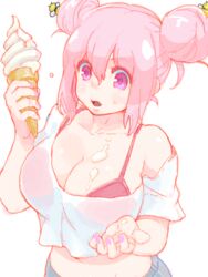  berino_bottsu bikini bikini_top_only bikini_under_clothes breasts commentary_request crop_top crop_top_overhang double_bun female food hair_bun ice_cream ice_cream_cone iwaya large_breasts melting midriff open_mouth original pink_eyes pink_hair solo swimsuit 