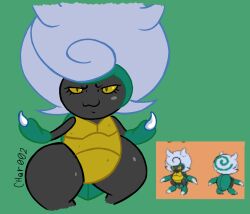  1_claw 2024 :3 ambiguous_gender anthro arthropod beetle beta_pokemon_(species) beta_pokemon_games big_hair biped char002 digital_drawing_(artwork) digital_media_(artwork) fighting_pose green_background hair hi_res insects kaburion_(beta_pokemon) narrowed_eyes nintendo pokemon pokemon_black_and_white_beta portrait pose reference_image shell signature simple_background solo standing thick_thighs three-quarter_portrait white_hair wide_hips yellow_sclera 