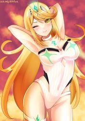  blonde_hair blush breasts chest_jewel cleavage core_crystal_(xenoblade) cowboy_shot female highres hip_vent large_breasts long_hair mythra_(xenoblade) one-piece_swimsuit one_eye_closed solo strapless strapless_one-piece_swimsuit swimsuit tiara uji10ukifune white_one-piece_swimsuit xenoblade_chronicles_(series) xenoblade_chronicles_2 yellow_eyes 