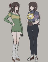  2girls aged_up arm_at_side bare_shoulders black_leggings blue_shirt bong_ut9 breasts brown_hair chara_(undertale) closed_eyes closed_mouth commentary_request converse facing_another flipped_hair flower flower_pot flowey_(undertale) frisk_(undertale) from_below full_body genderswap_(otf) green_sweater halterneck hand_on_own_hip holding holding_flower_pot holding_phone kneehighs korean_commentary leggings legs_together long_hair long_sleeves looking_at_viewer loose_socks medium_hair multiple_girls off-shoulder_sweater off_shoulder orange_shoes phone ponytail purple_shirt red_eyes rule_63 shirt shoes small_breasts smile socks standing striped_clothes striped_shirt striped_sweater sweater three-quarter_sleeves turtleneck turtleneck_shirt two-tone_shirt two-tone_sweater u_u undertale very_long_hair white_socks yellow_flower yellow_sweater 