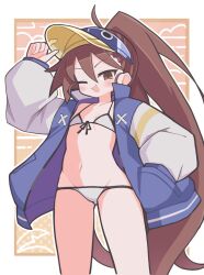  ;d arm_up bikini blue_hat blue_jacket blush border brown_background brown_eyes brown_hair commentary cowboy_shot disgaea female flat_chest front-tie_bikini_top front-tie_top hair_between_eyes hat highres jacket kazamatsuri_fuuka long_hair long_sleeves looking_at_viewer makai_senki_disgaea_4 navel one_eye_closed open_clothes open_jacket open_mouth outline outside_border ponytail smile solo suaman swimsuit very_long_hair visor_cap white_bikini white_border white_outline 