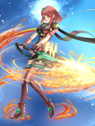  blush bob_cut breasts chest_jewel chiga_akira commentary earrings female fingerless_gloves fire flaming_sword flaming_weapon floating_hair full_body gloves high_heels highres holding holding_sword holding_weapon huge_weapon jewelry looking_at_viewer medium_breasts pyra_(xenoblade) red_eyes red_hair red_shorts red_thighhighs short_hair shorts smile solo swept_bangs sword thighhighs tiara weapon xenoblade_chronicles_(series) xenoblade_chronicles_2 