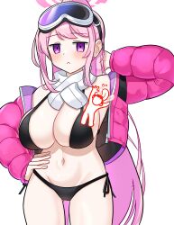  :&lt; absurdres arm_behind_head arm_up armpits bikini black_bikini blue_archive blush breasts cleavage closed_mouth collarbone commentary_request cowboy_shot cropped_jacket doodle_sensei_(blue_archive) eimi_(blue_archive) eimi_(swimsuit)_(blue_archive) female goggles goggles_on_head halo halterneck highres jacket jinggeomdari korean_commentary large_breasts licking licking_armpit long_hair long_sleeves navel official_alternate_costume official_alternate_hairstyle open_clothes open_jacket pink_hair pink_halo pink_jacket ponytail purple_eyes sensei_(blue_archive) side-tie_bikini_bottom simple_background stomach swimsuit thighs very_long_hair white_background 