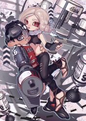  1boy absurdres aiming aiming_at_viewer black_hair black_leggings black_pants black_shirt black_shoes blaster_(splatoon) blonde_hair choker crop_top drill_hair eyebrow_cut female fingernails full_body goggles goggles_on_head gradient_hair grey_eyes grin gun hair_between_eyes hand_wraps highres holding holding_gun holding_weapon jacket leg_wrap leggings looking_at_viewer medium_hair midriff multicolored_hair n-zap_(splatoon) navel nezumi_(tuboshu2013) octoling octoling_boy octoling_girl octoling_player_character open_mouth pants parted_bangs red_eyes red_jacket red_pupils sharp_fingernails shirt shoes short_hair smile sneakers splatoon_(series) splatoon_3 suction_bomb_(splatoon) tacticooler_(splatoon) tentacle_hair torn_clothes torn_leggings torn_shirt twin_drills waraji weapon white_choker 