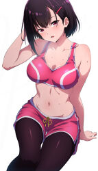  black_hair black_leggings breasts commentary_request female hair_behind_ear hair_ornament hairclip highres large_breasts leggings leggings_under_shorts looking_at_viewer mikazuki_shizuka navel nishizuki_shino pink_eyes pink_shorts pink_sports_bra short_hair shorts single_sidelock sitting solo sports_bra sweat white_background zom_100:_zombie_ni_naru_made_ni_shitai_100_no_koto 