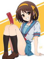  black_socks blue_sailor_collar blue_skirt blush brown_eyes brown_hair brown_shoes collarbone commentary_request female grin hair_ribbon hairband highres holding holding_tanzaku kita_high_school_uniform kneehighs knees_up loafers looking_at_viewer necono_(nekonosora1207) red_ribbon ribbon sailor_collar school_uniform serafuku shoes short_sleeves sitting skirt smile socks solo summer_uniform suzumiya_haruhi suzumiya_haruhi_no_yuuutsu tanzaku teeth thighs yellow_hairband yellow_ribbon 