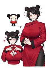  1boy absurdres between_breasts black_eyes black_hair black_pants blush blush_stickers breasts china_dress chinese_clothes cleavage cleavage_cutout closed_eyes closed_mouth clothing_cutout cropped_legs cropped_torso double_bun dress eyeliner female garu hair_bun hair_tie hands_up heart heart_hands highres large_breasts long_sleeves looking_at_viewer loving_aura makeup mini_person miniboy multiple_views one_eye_closed own_hands_together pants pantyhose parted_bangs person_between_breasts pucca pucca_(cartoon) red_dress red_eyeliner shanghai_neckline short_hair signature simple_background smile swept_bangs white_background yukaraishin 