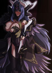  absurdres aoi_tabane black_thighhighs blue_eyes blue_hair blush breast_tattoo breasts cleavage commission cosplay dark_persona dress female gloves headgear highres kos-mos kouyoku_senki_exs-tia large_breasts long_hair looking_at_viewer luxiel_(kouyoku_senki_exs-tia) luxiel_(kouyoku_senki_exs-tia)_(cosplay) pelvic_curtain pixiv_commission smile solo tattoo thighhighs very_long_hair xenosaga 