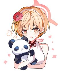  bare_arms bare_shoulders blonde_hair blue_archive blush china_dress chinese_clothes commentary cropped_torso dress female flower hair_flower hair_ornament hairband halo highres holding holding_stuffed_toy looking_at_viewer marina_(blue_archive) marina_(qipao)_(blue_archive) official_alternate_costume open_mouth red_flower red_halo shirocha_tei short_hair simple_background sleeveless sleeveless_dress solo stuffed_animal stuffed_panda stuffed_toy sweatdrop twitter_username white_background white_dress white_hairband yellow_eyes 