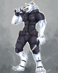  2018 4:5 absurd_res anthro armor barefoot belt biped canid canine canis claws clothed clothing combat_knife digitigrade dual_wielding fangs feet full-length_portrait fur grey_background hi_res holding_knife holding_melee_weapon holding_object holding_weapon knife licking licking_knife licking_object looking_at_viewer m.o.r male mammal melee_weapon muscular muscular_anthro muscular_male narrowed_eyes open_mouth open_smile outline portrait signature simple_background skinsuit smile solo standing teeth three-quarter_view tight_clothing tongue tongue_out weapon white_body white_fur white_outline wolf yellow_eyes 
