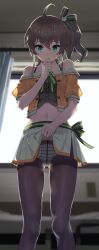  absurdres ahoge aqua_eyes backlighting black_pantyhose black_shirt blurry blurry_background bow bow_panties bra_strap brown_hair buttons ceiling clenched_hand closed_mouth clothes_lift collarbone commentary_request crop_top cropped_jacket cropped_shirt curtains day deenamaito depth_of_field feet_out_of_frame female from_below green_ribbons hair_ribbon hand_to_own_mouth hand_up highres hololive indoors jacket legs legs_apart lifting_own_clothes light_blush linea_alba looking_at_viewer looking_down miniskirt natsuiro_matsuri natsuiro_matsuri_(1st_costume) navel off-shoulder_jacket off_shoulder open_clothes open_jacket panties panties_under_pantyhose pantyhose pleated_skirt ribbon shirt shirt_ribbon skirt skirt_lift solo standing stomach striped_clothes striped_panties striped_ribbon two_side_up underwear waist_ribbon white_skirt window yellow_jacket 