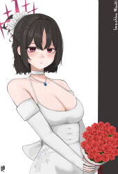  absurdres alternate_costume alternate_hairstyle bare_shoulders blue_archive bouquet bow breasts brown_background character_name choker cleavage commentary dress dress_bow elbow_gloves female flower gloves hair_ornament hair_scrunchie halo highres holding holding_bouquet jewelry light_blush looking_at_viewer misaki_(blue_archive) pendant red_eyes red_halo ribbon rose scrunchie short_hair signature simple_background solo user_wted2833 wedding_dress white_background white_choker white_gloves white_scrunchie 