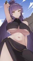  absurdres aria_(epic_seven) arm_up armpits bare_shoulders black_shirt black_skirt blue_sky blunt_bangs breasts chym39 closed_mouth cloud commentary cowboy_shot crop_top crop_top_overhang day epic_seven female frown hair_bun hair_ornament hair_stick highres large_breasts long_hair long_skirt looking_at_viewer navel official_alternate_costume purple_hair shirt side_slit sidelocks skirt sky sleeveless sleeveless_shirt solo standing stomach underboob very_long_hair yellow_eyes 