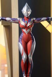  ai_generated building heroine large_breasts latex latex_gloves latex_suit solo solo_female t_pose thick_thighs tight_clothing trapped ultraman_(franchise) ultrawoman_thiccga_(tiga63) 