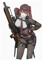  absurdres black_gloves black_jacket black_pantyhose black_shorts breasts brown_corset brown_necktie bullpup button_gap chest_harness collared_shirt corset cropped_legs female girls&#039;_frontline girls&#039;_frontline_2:_exilium gloves gun hair_ribbon hand_on_own_hip harness highres holding holding_gun holding_weapon instrument_case jacket large_breasts long_hair looking_at_viewer makiatto_(girls&#039;_frontline_2) necktie open_mouth pantyhose partially_fingerless_gloves partially_unbuttoned ponytail purple_corset purple_hair red_eyes red_necktie red_ribbon ribbon rifle shirt shorts side_ponytail simple_background sniper_rifle solo sutekina_awa violin_case wa2000_(girls&#039;_frontline) walther walther_wa_2000 weapon white_background white_shirt 