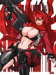  :d absurdres antenna_hair belt black_belt black_gloves black_jacket black_pants breasts cleavage clothing_cutout commentary cropped_jacket crotch_plate double-parted_bangs female fingerless_gloves gloves goddess_of_victory:_nikke gun hair_between_eyes hair_flaps hand_up highres hip_vent holding holding_gun holding_weapon horns ilvaite jacket large_breasts leather leather_jacket leather_pants leg_cutout long_hair long_sleeves looking_at_viewer mechanical_horns midriff navel oerba_yun_fang open_clothes open_jacket open_mouth pants red_background red_hair red_hood_(nikke) red_jacket red_scarf rifle scarf sidelocks signature skin_fang skindentation smile sniper_rifle solo standing suspenders unzipped very_long_hair weapon yellow_eyes zipper 