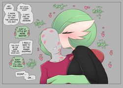  2021 anon anthro dialogue english_text female female_pokemon gardevoir generation_3_pokemon green_hair human human_on_anthro human_on_pokemon kiss kiss_mark kiss_marks kissing larger_female lipstick_mark lots_of_lipstick_marks male pok&eacute;mon_(species) pokemon pokephilia questionably_wholesome saltyxodium size_difference speech_bubble text wholesome 