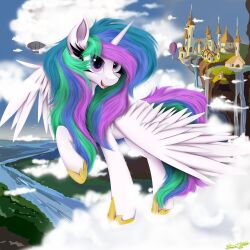  absurd_res alicorn cloud equid equine female friendship_is_magic happy hasbro hi_res horn mammal my_little_pony mythological_creature mythological_equine mythology open_mouth pink_eyes princess_celestia_(mlp) ser-p solo water wings 