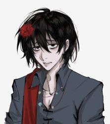  1boy black_eyes black_hair chinese_commentary collared_shirt commentary_request flower freckles fu_shun_(touqi_guaitan) grey_shirt hair_between_eyes hair_flower hair_ornament highres male_focus open_collar red_flower red_pupils sanpaku shabiedanganmeima shirt short_hair simple_background solo touqi_guaitan upper_body variant_set white_background 