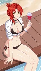  :d absurdres alcohol beach bikini black_bikini black_choker breasts choker cleavage cup drinking_glass english_commentary female folded_ponytail highres holding holding_cup honkai_(series) honkai_impact_3rd large_breasts looking_at_viewer lying mole mole_on_breast murata_himeko murata_himeko_(black_mamba) navel on_floor on_stomach open_mouth outdoors pool poolside red_hair sand shikniful sitting smile solo swimsuit wading water wine wine_glass wooden_floor yellow_eyes 