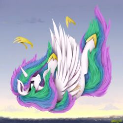  absurd_res alicorn equid equine falling female friendship_is_magic hair hasbro hi_res horn mammal multicolored_hair my_little_pony mythological_creature mythological_equine mythology princess_celestia_(mlp) ser-p sky solo white_body wings 