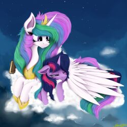  absurd_res alicorn cloud duo equid equine female female/female friendship_is_magic hasbro hi_res horn mammal my_little_pony mythological_creature mythological_equine mythology one_eye_closed pink_eyes princess_celestia_(mlp) ser-p smile twilight_sparkle_(mlp) wings 