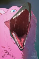  absurd_res avian blue_eyes bodily_fluids feathers feral gryphon hi_res imminent_vore male mouth_shot mythological_avian mythological_creature mythology open_mouth pink_body saliva schnee_(snowraider8) seregore solo teeth_showing throat 