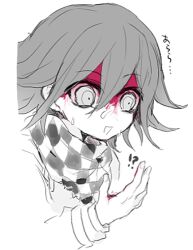  !? 1boy blood blood_on_face blood_on_hands checkered_clothes checkered_scarf commentary_request cropped_torso danganronpa_(series) danganronpa_v3:_killing_harmony fingerless_gloves gloves hair_between_eyes injury jacket layered_sleeves long_sleeves looking_at_hand lowres male_focus nervous_smile nervous_sweating oma_kokichi open_mouth scared scarf short_hair simple_background smile solo spot_color suke_(mo8460) sweat torn_clothes torn_scarf translation_request two-tone_scarf white_background wide-eyed wrist_belt 