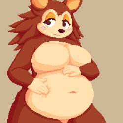  animal_crossing anthro belly big_belly big_breasts blush breasts brown_body digital_media_(artwork) enkah eulipotyphlan female fur hair hedgehog mammal nintendo obese obese_female overweight overweight_female pixel_(artwork) sable_able simple_background smile solo thick_thighs 