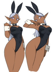  animal_ears bare_shoulders black_leotard bow bowtie breasts dark-skinned_female dark_elf dark_skin detached_collar elf fake_animal_ears female grey_hair highres leotard long_hair medium_breasts multiple_views original playboy_bunny pointy_ears purple_eyes rabbit_ears simple_background toshinoshin white_background wrist_cuffs 